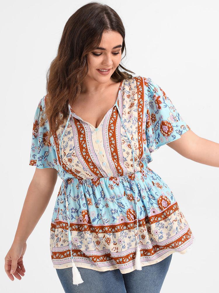 Floral Ruffled Ties V Neck Blouse Female Product Image