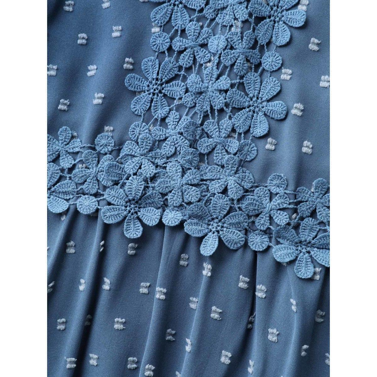 Plus Size Lace Textured Spliced Pockets Midi Dress Mediumblue Women Resort Woven ribbon&lace trim V-neck Cap Sleeve Curvy BloomChic 22-24/3X Product Image