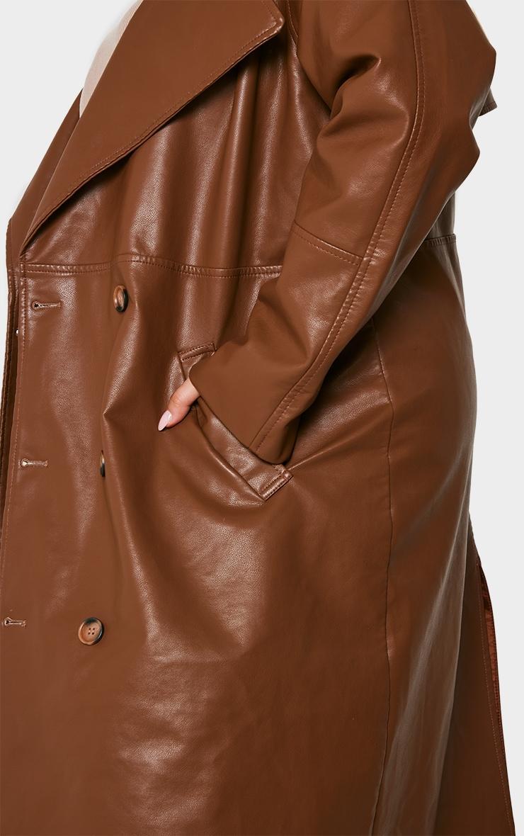 Plus Brown Button Detail Faux Leather Trench Coat Product Image