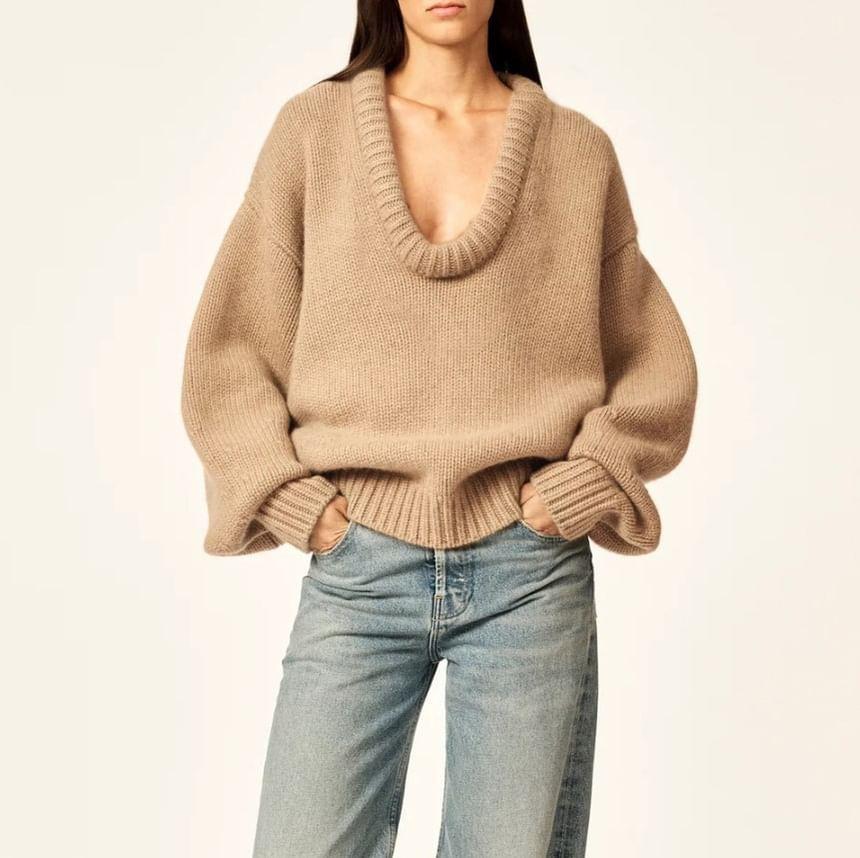 V-Neck Plain Oversized Sweater Product Image