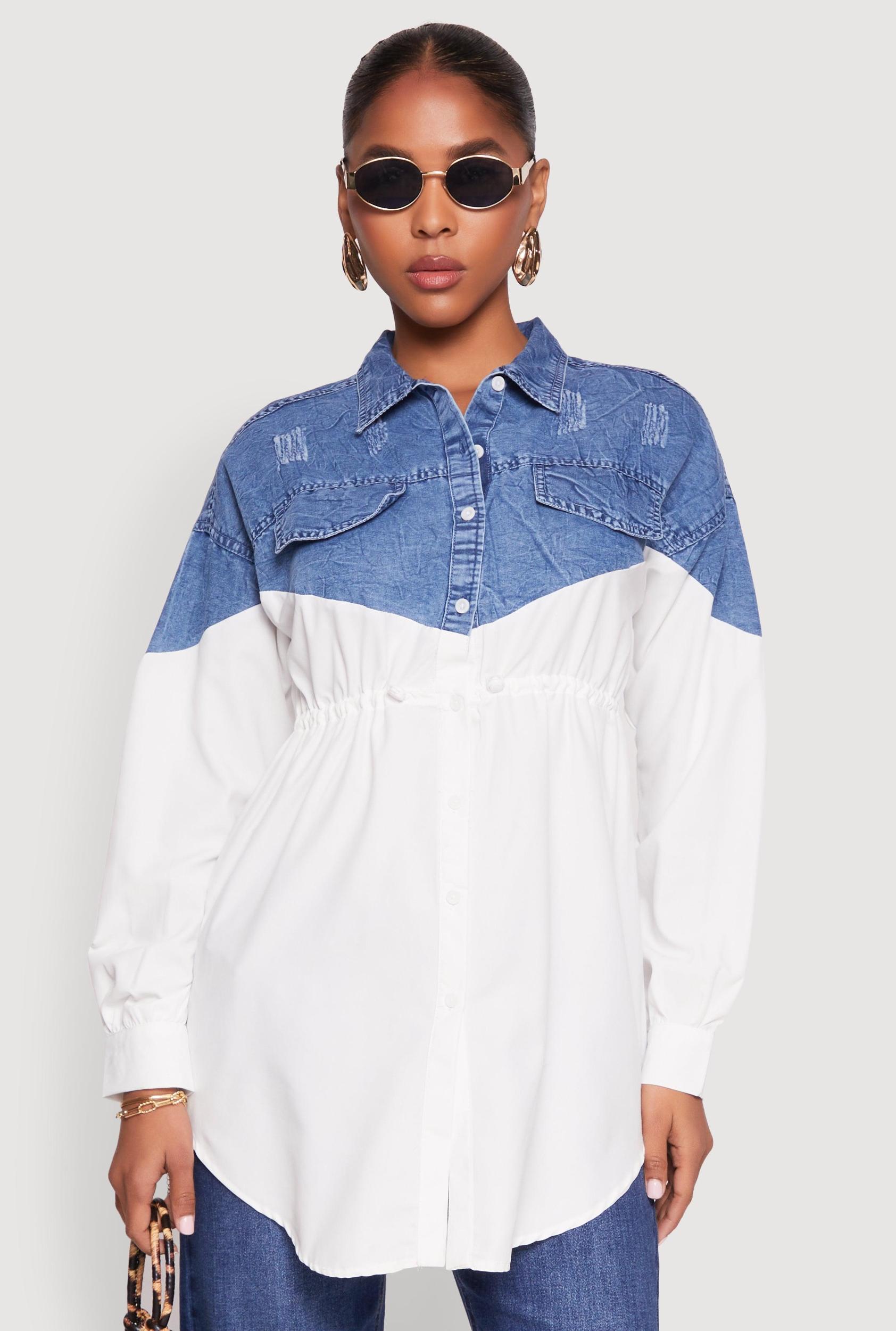 Womens Denim Detail Distressed Tunic Shirt Product Image