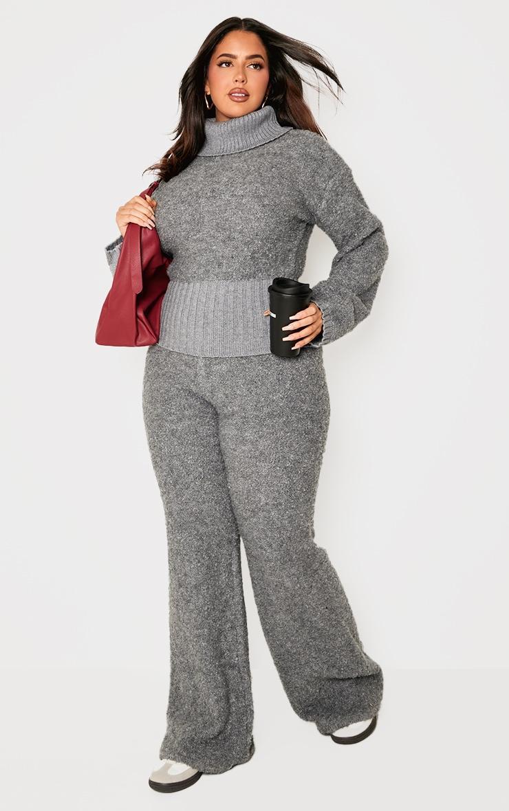 Plus Charcoal Contrast Textured Knit Bardot Foldover Sweater Product Image