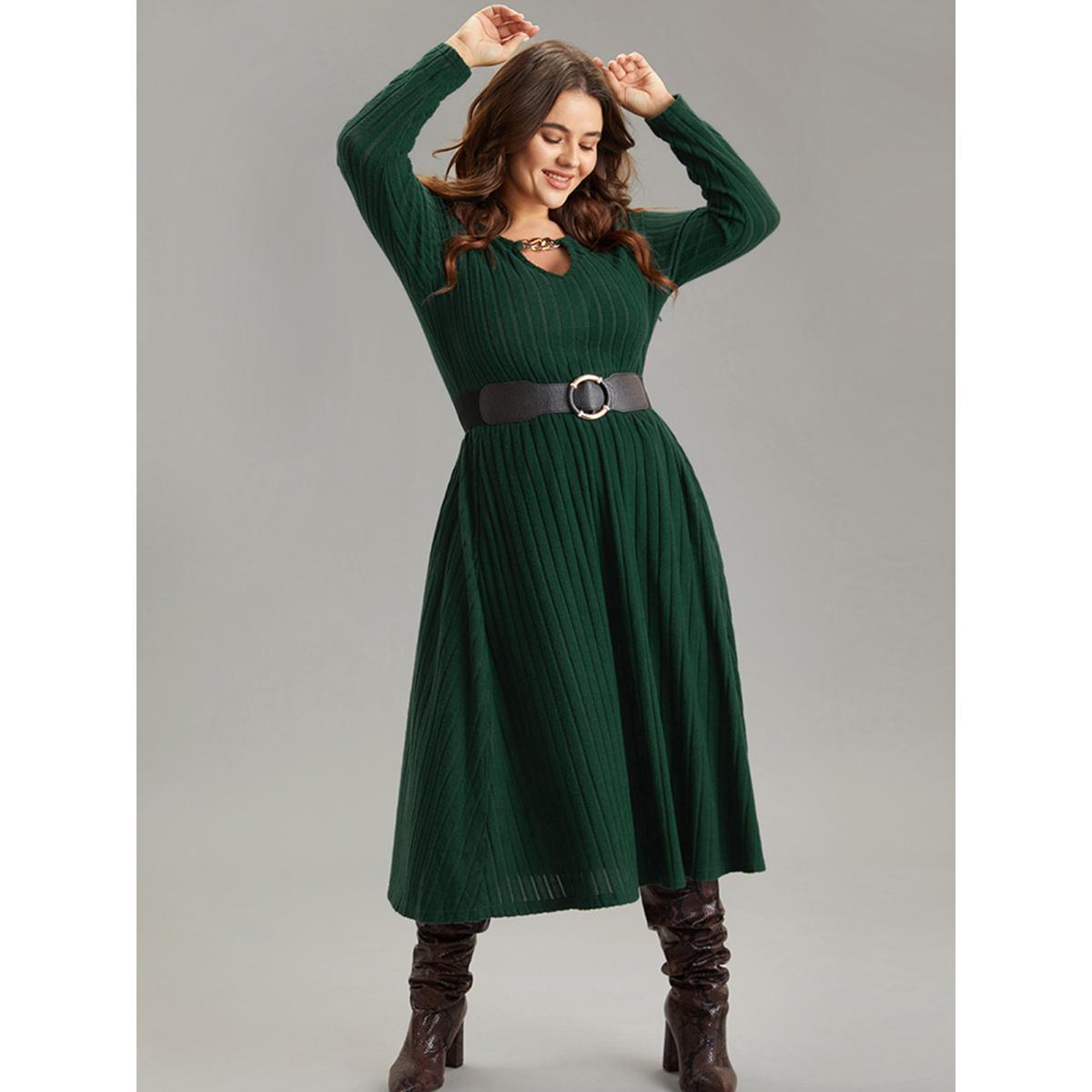 Plus Size Rib Knit Plain Notched Pocket Dress DarkGreen Women Work From Home Rib Knit Notched collar Long Sleeve Curvy Midi Dress BloomChic 10/M Product Image