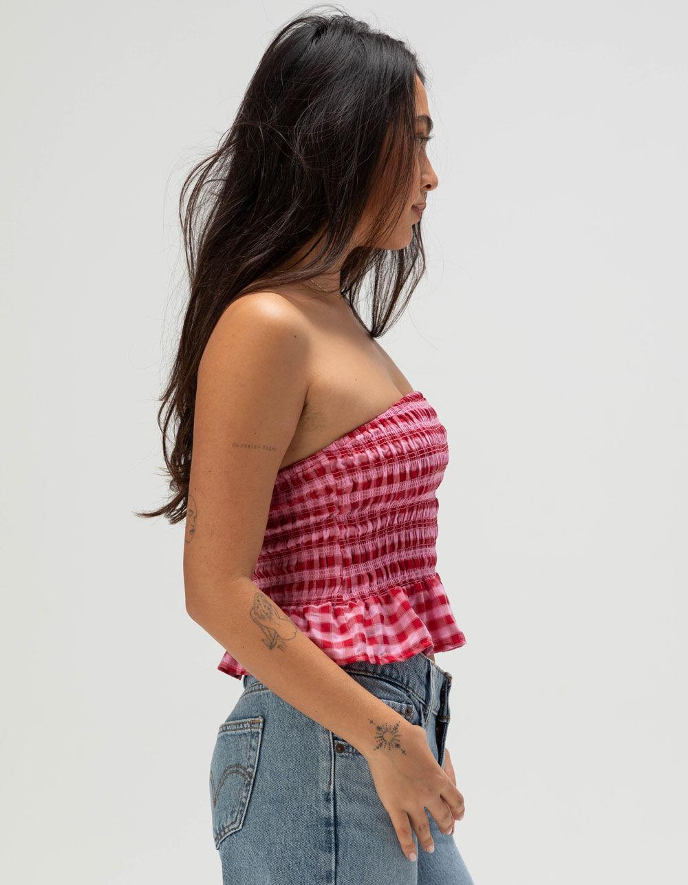 FULL TILT Smocked Plaid Peplum Tube Top Product Image
