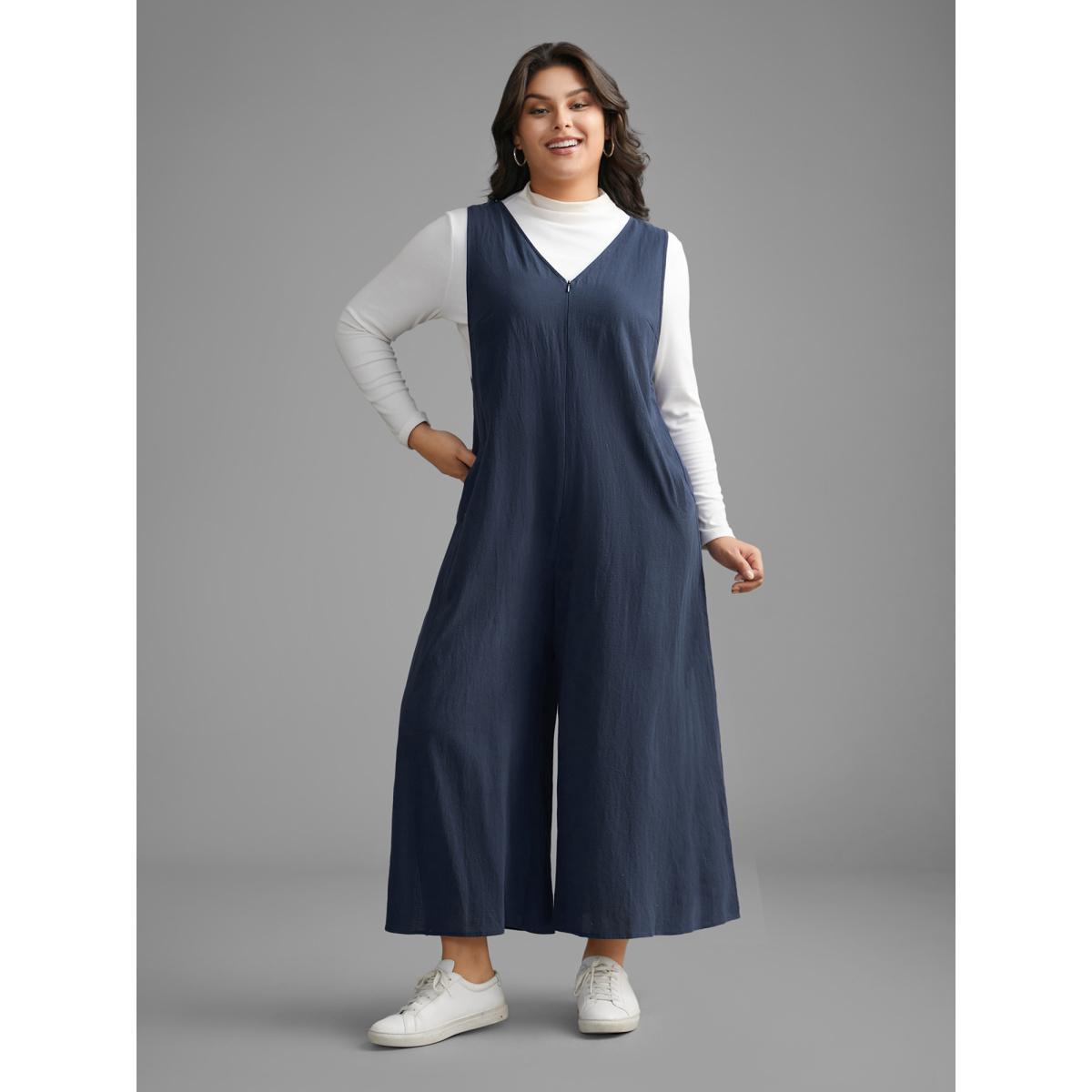 Plus Size Navy Cotton Solid V Neck Loose Jumpsuit Women Casual Sleeveless V-neck Everyday Loose Jumpsuits BloomChic 10/M Product Image