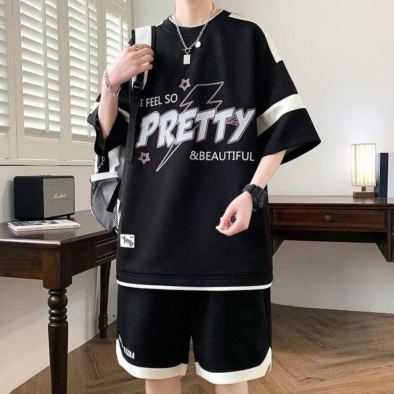 Set: 3/4-Sleeve Crew Neck Mock Two-Piece Two Tone Lettering Print T-Shirt + Drawstring Waist Wide Leg Sweat Shorts Product Image