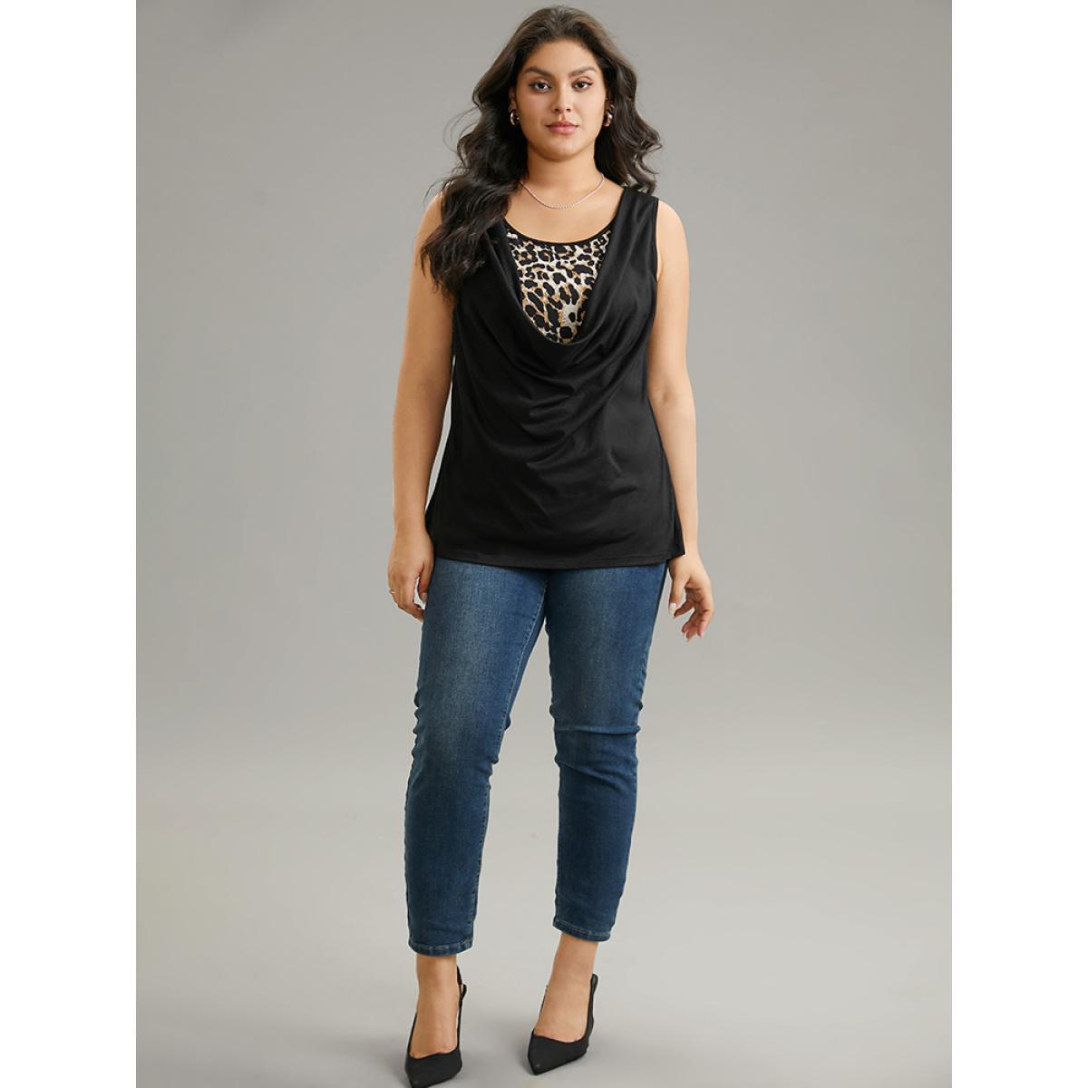 Plus Size Leopard Patchwork Round Neck Tank Top Women Black Elegant Patchwork Round Neck Dailywear Tank Tops Camis BloomChic 14-16/1X Product Image