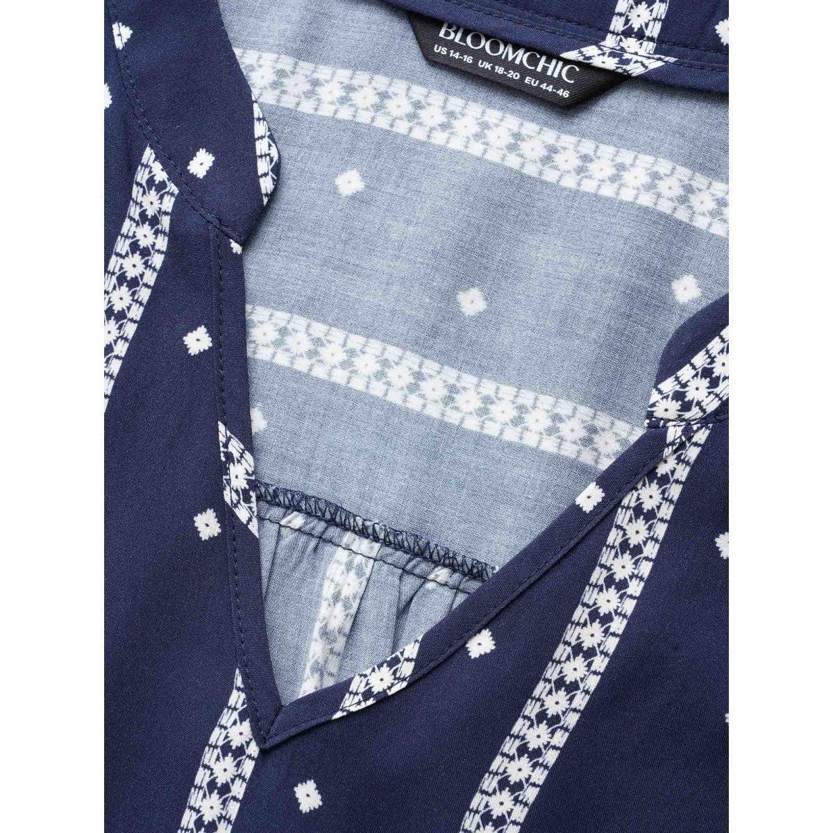 Plus Size Indigo Striped Geometric Notched Gathered Blouse Women Resort Elbow-length sleeve Notched collar Vacation Blouses BloomChic 30/6X Product Image