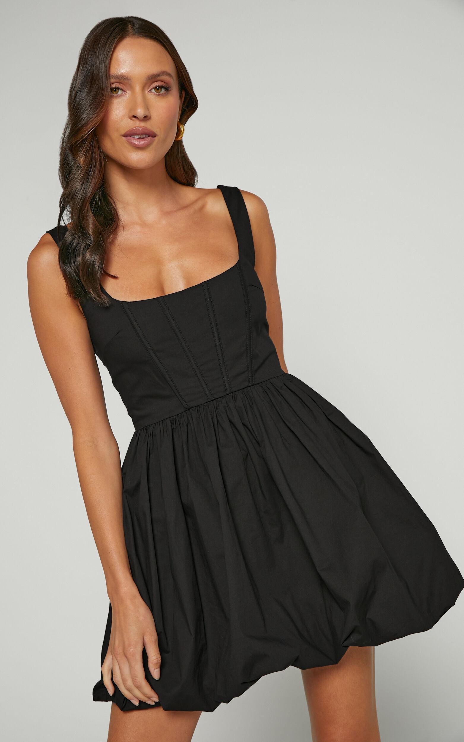 Brianda Mini Dress - Corset Bodice Bubble Hem Dress in Black Product Image