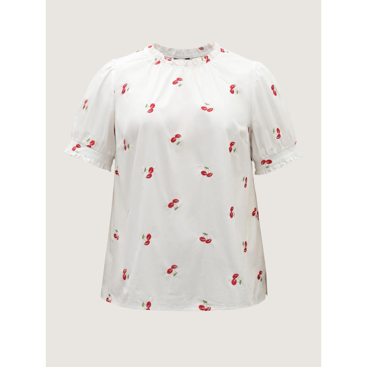 Plus Size WhiteSmoke Cotton Cherry Embroidery Ruffled Neck Blouse Women Short sleeve Round Neck Everyday-Elegant Blouses BloomChic 14-16/1X Product Image