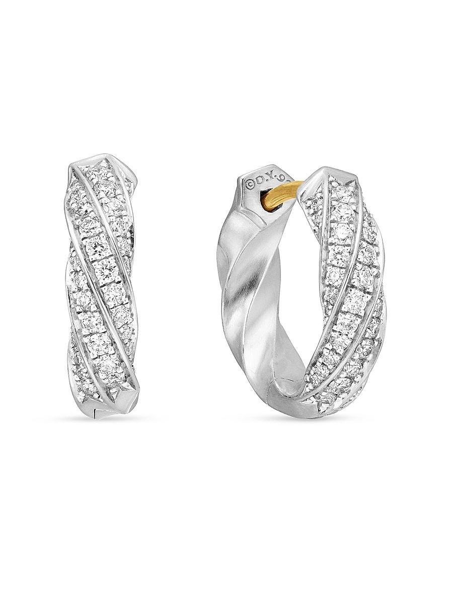 Womens Cable Edge Huggie Hoop Earrings in Sterling Silver with Diamonds, 13mm Product Image