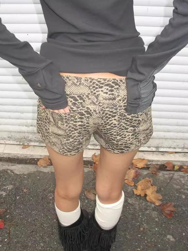 Washed Leopard Print Straps Denim Shorts Product Image