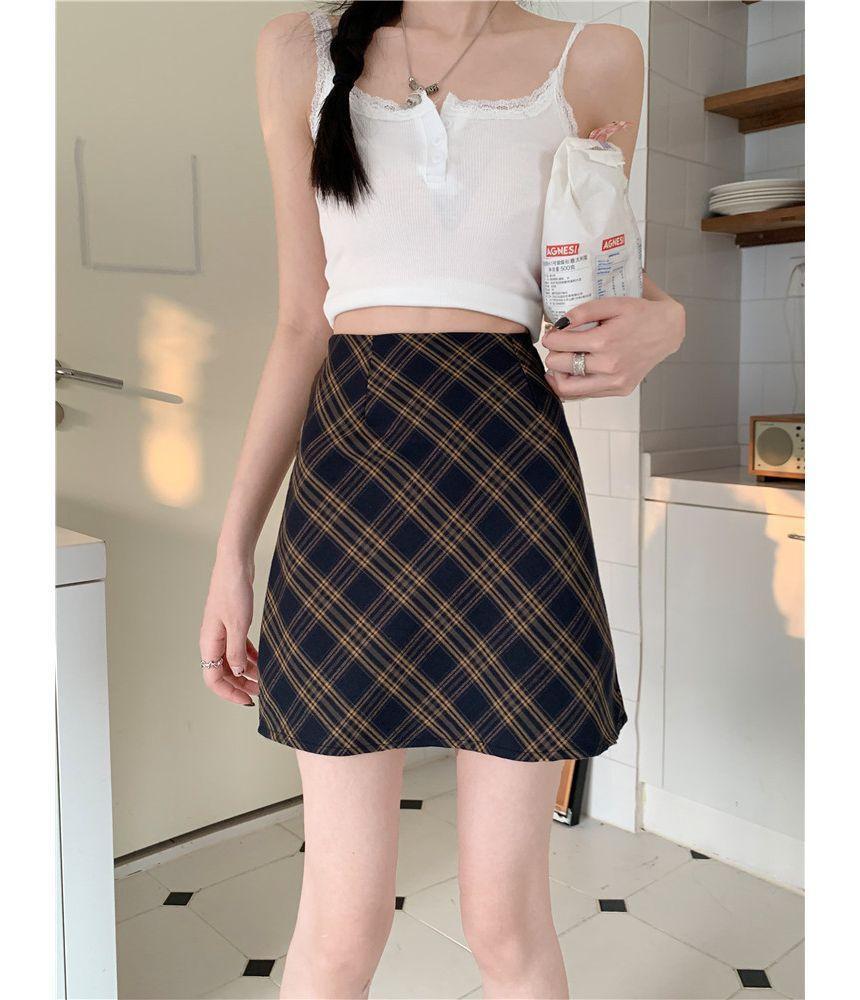 High Waist Plaid Mini Pencil Skirt Product Image
