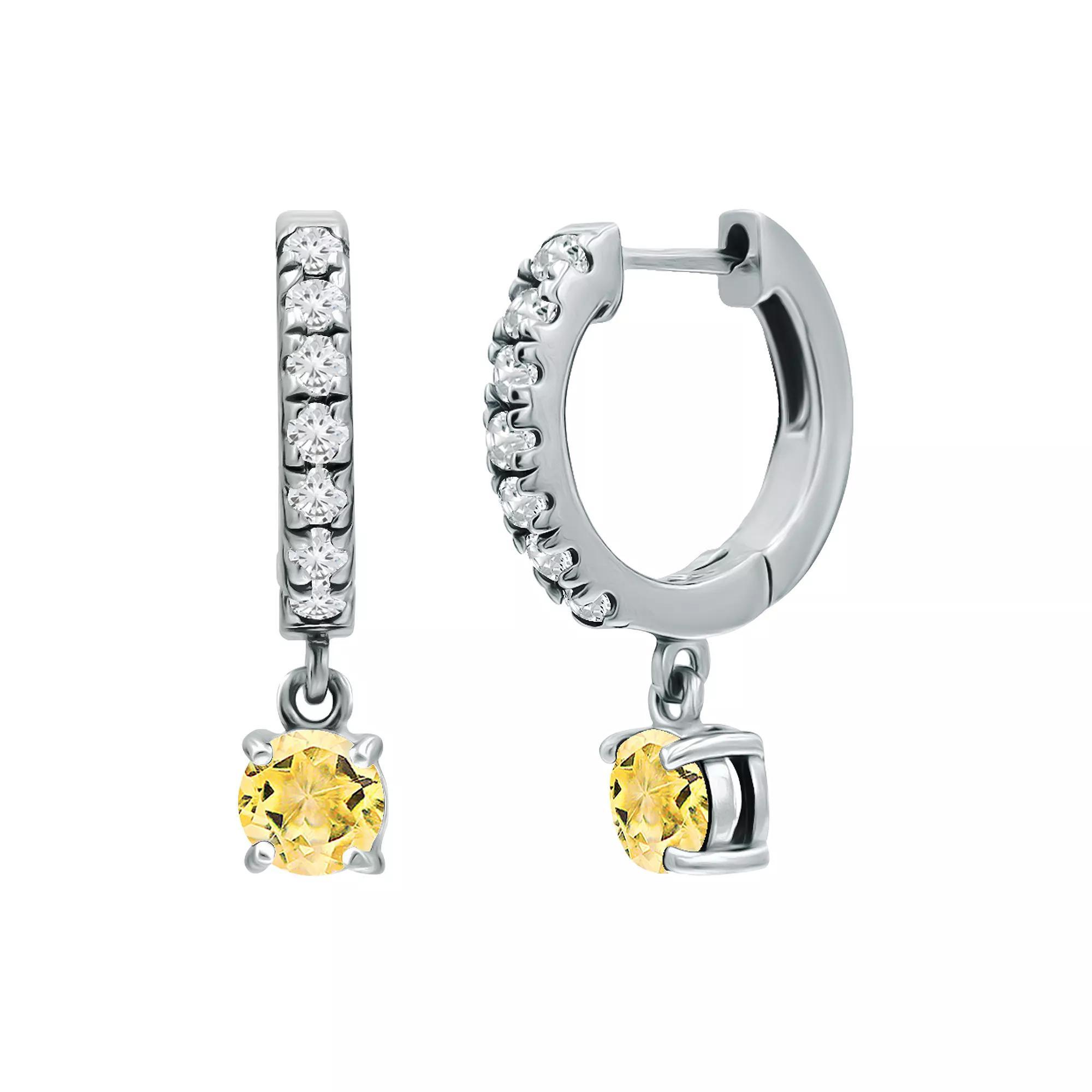 Aleure Precioso Sterling Silver Round with White Topaz Huggie Earrings, Womens, Silver Tone Yellow Product Image