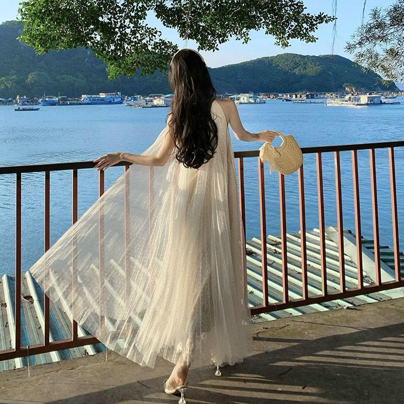 Sleeveless Stand Collar Plain Accordion Pleated Mesh Maxi A-Line Dress Product Image