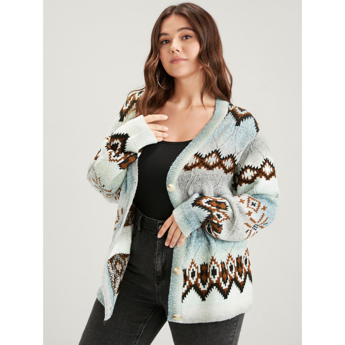 Plus Size Geometric Print Super Soft Plush Knit Button Front Cardigan Multicolor Women Casual Loose Long Sleeve Dailywear Cardigans BloomChic 18-20/2X Product Image