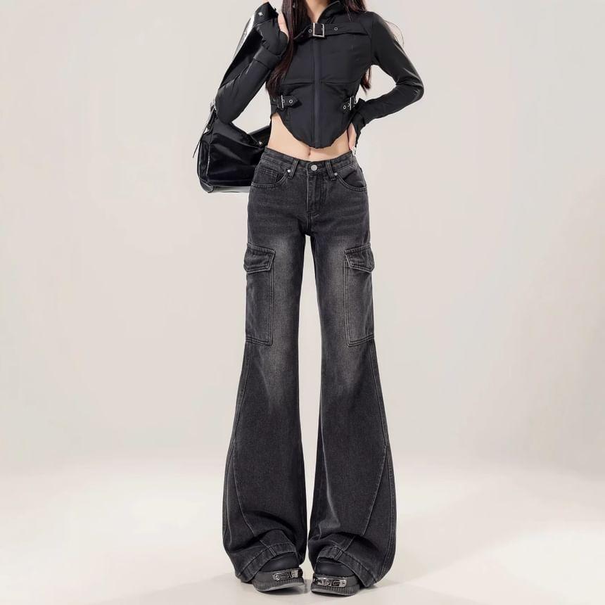 Low Waist Washed Flared Jeans Product Image