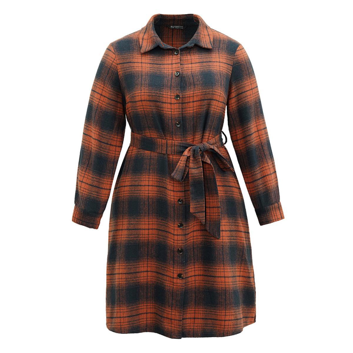 Plus Size Plaid Shirt Collar Belted Button Through Dress Rust Women Casual Belted Shirt collar Long Sleeve Curvy Midi Dress BloomChic 30/6X Product Image