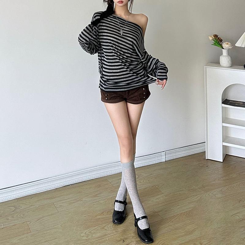 Long-Sleeve One-Shoulder Striped T-Shirt Product Image