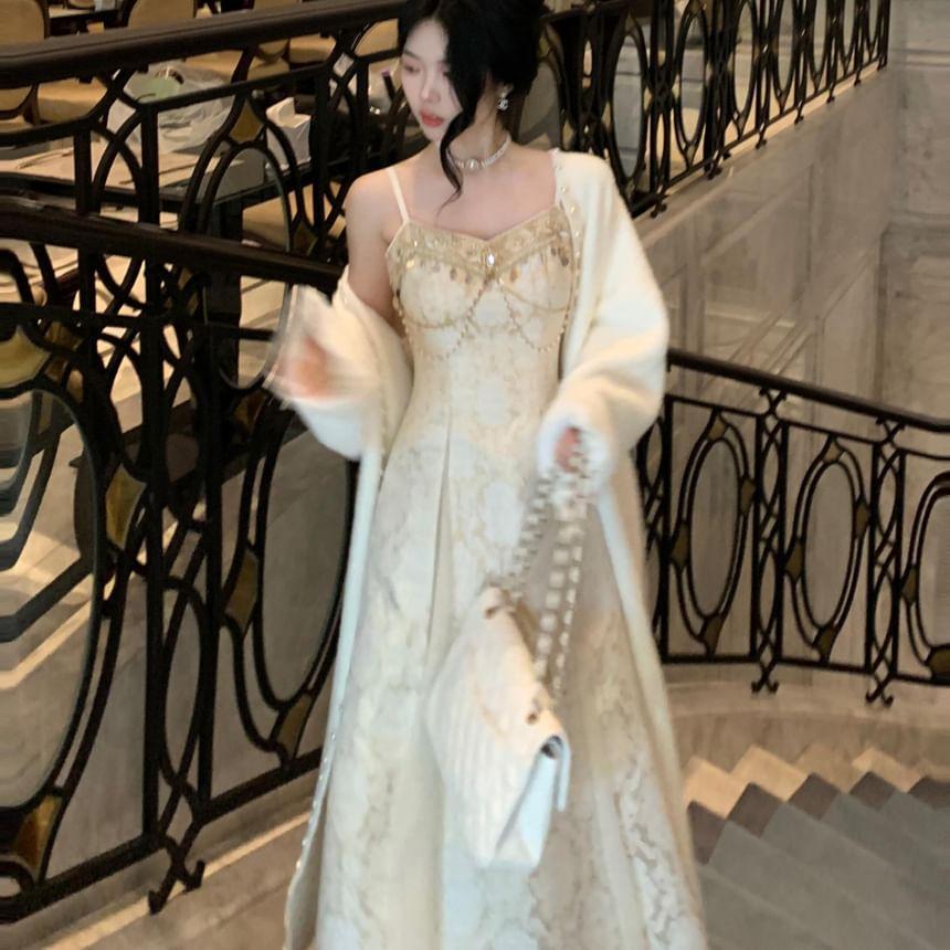 Spaghetti Strap V-Neck Pattern Jacquard Fringed Maxi A-Line Dress / Plain Faux Pearl Accent Long Cardigan / Set Product Image
