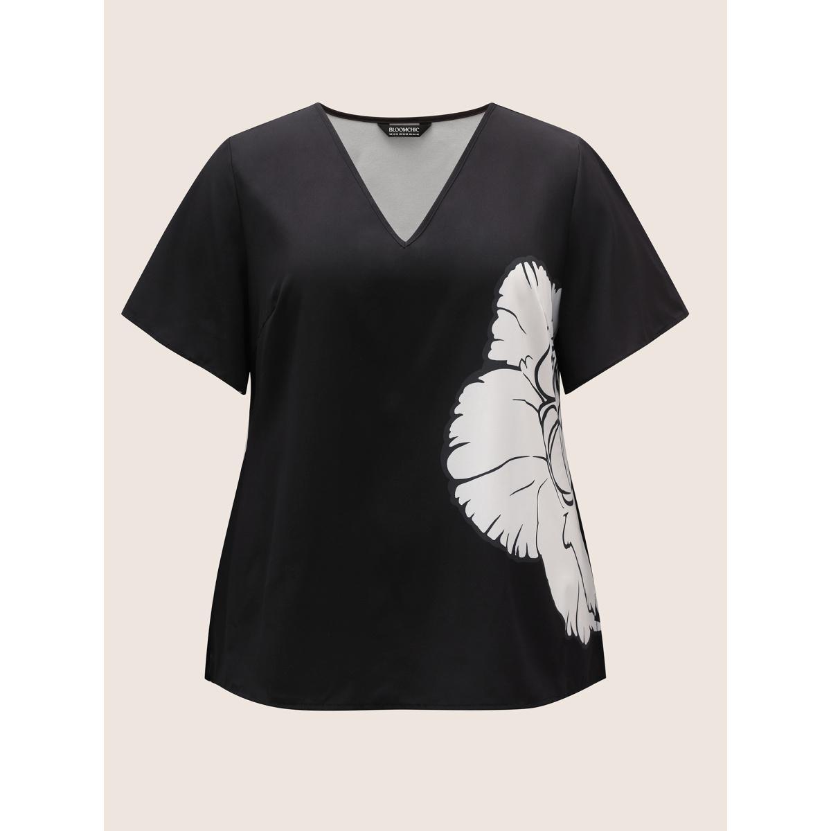 Plus Size Black Carnation Print Contrast Ruffle Sleeve Blouse Women Elegant Short sleeve V-neck Everyday Blouses BloomChic 12/L Product Image