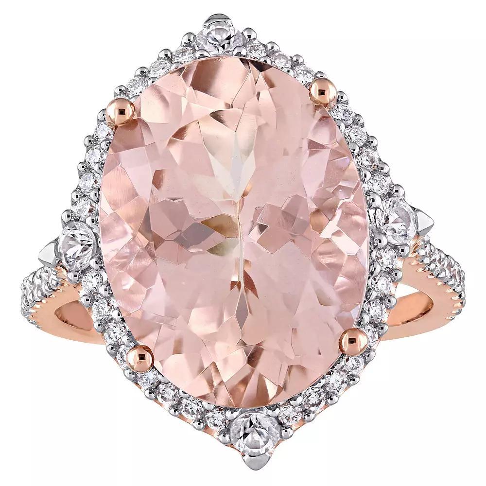 Stella Grace 14k Rose Gold Morganite, White Sapphire & 3/8 Carat T.W. Diamond Halo Cocktail Ring, Women's, Size: 9 Product Image