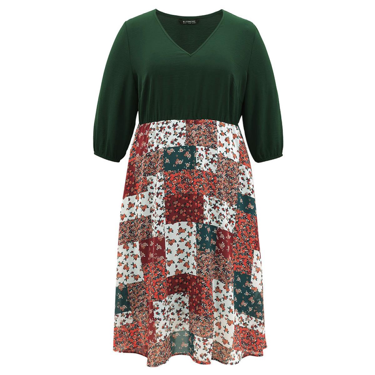 Plus Size Ditsy Floral Colorblock Patchwork Lantern Sleeve Dress DarkGreen Women Elegant Printed V-neck Long Sleeve Curvy Midi Dress BloomChic 26/4X Product Image