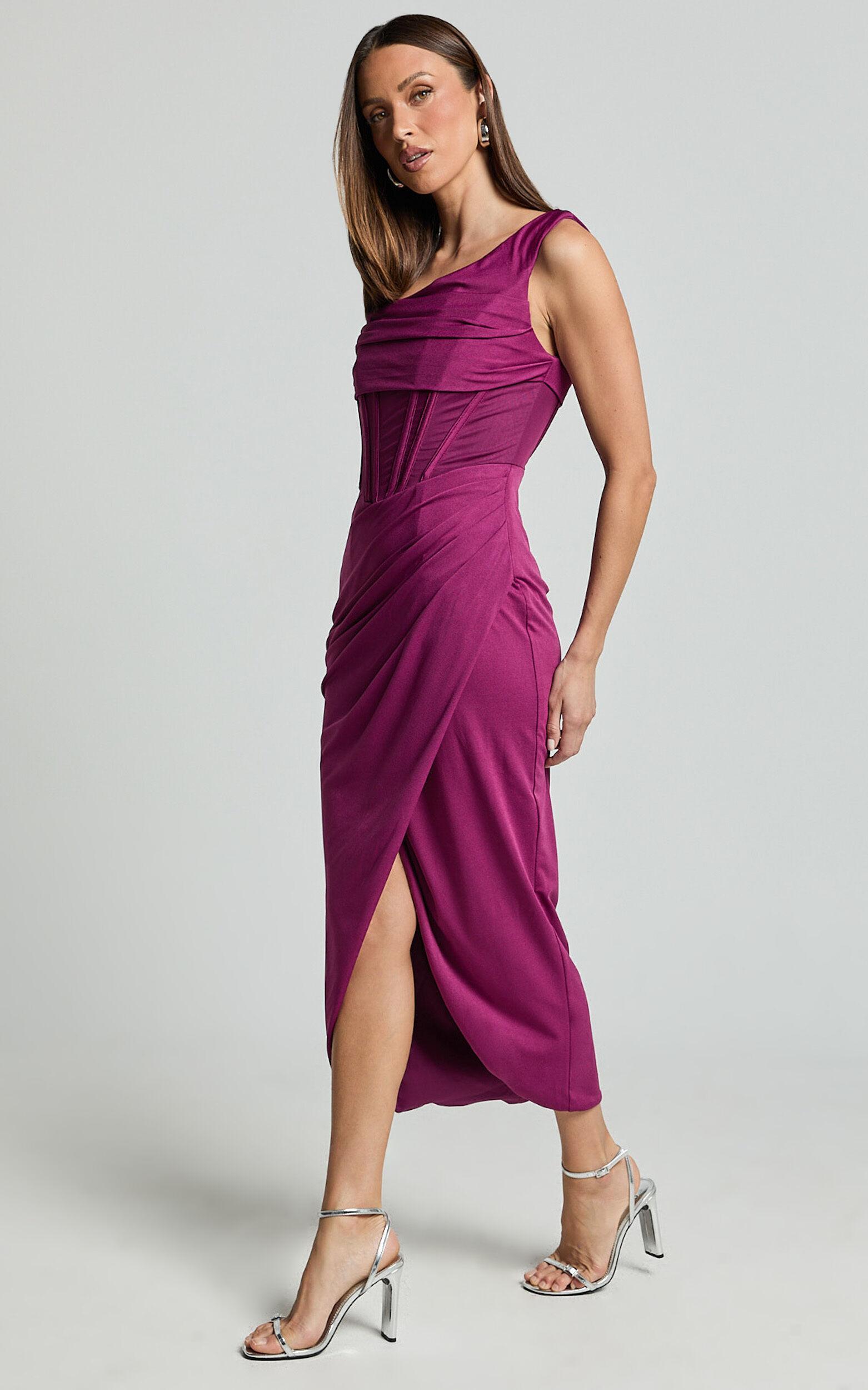 Aidia Midi Dress - Off Shoulder Draped Corset Dress in Plum Product Image