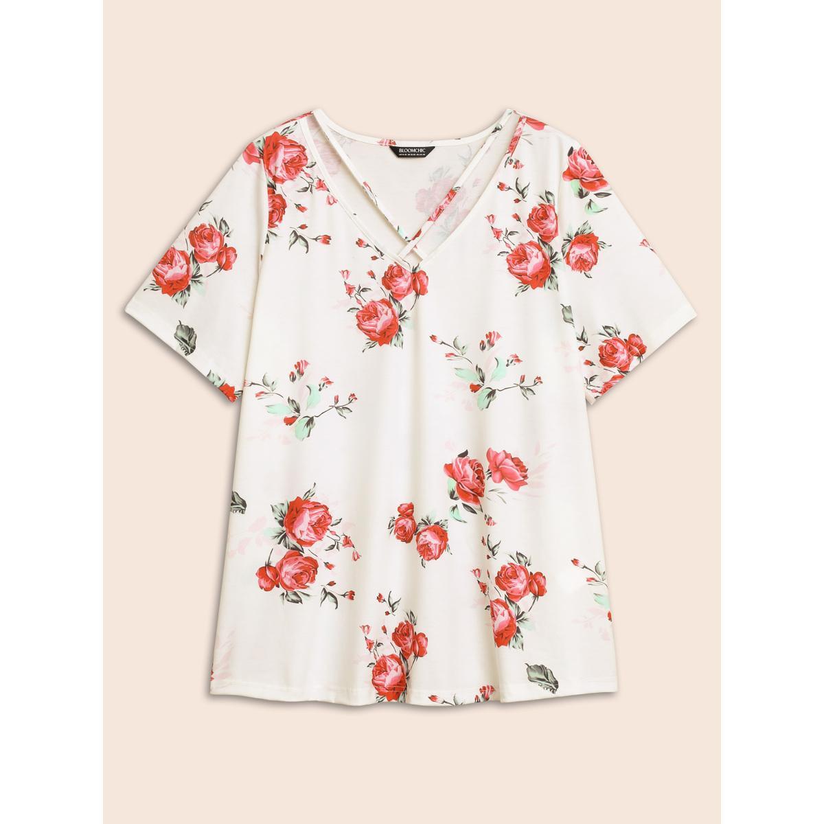 Plus Size Floral Crisscross V Neck T-shirt White Women Elegant Floral V-neck Everyday T-shirts BloomChic 22-24/3X Product Image