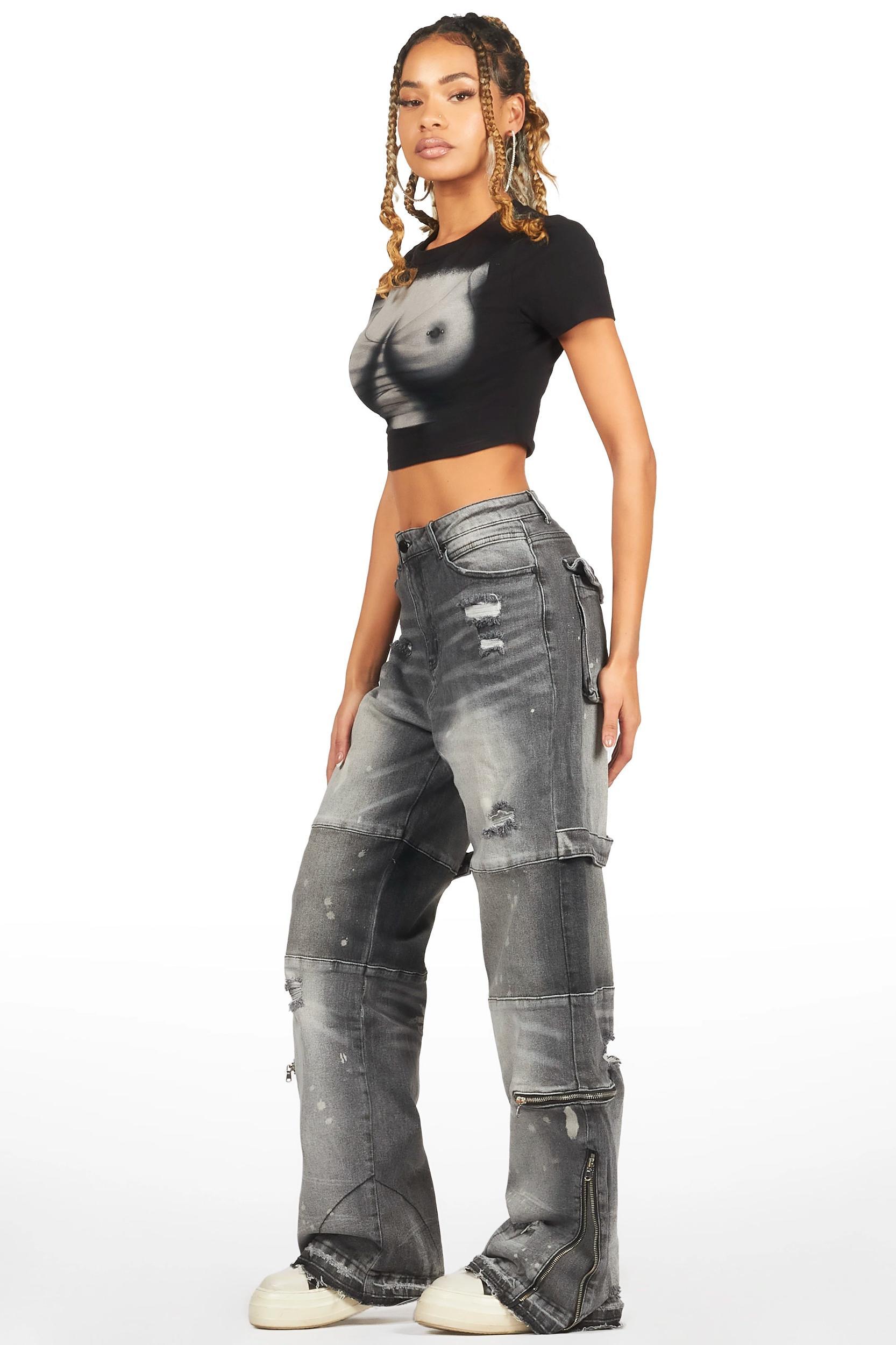 Jordin Grey Wash Baggy Cargo Jean Female Product Image