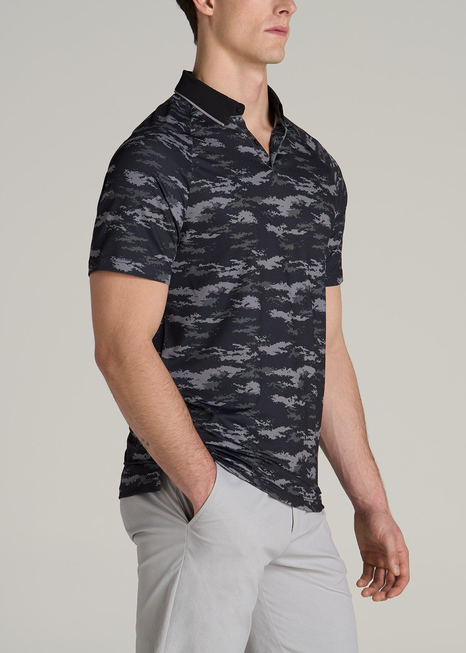 Contrast Collar A.T. Performance Print Golf Tall Men's Polo Shirt in Black and Grey Camo Product Image
