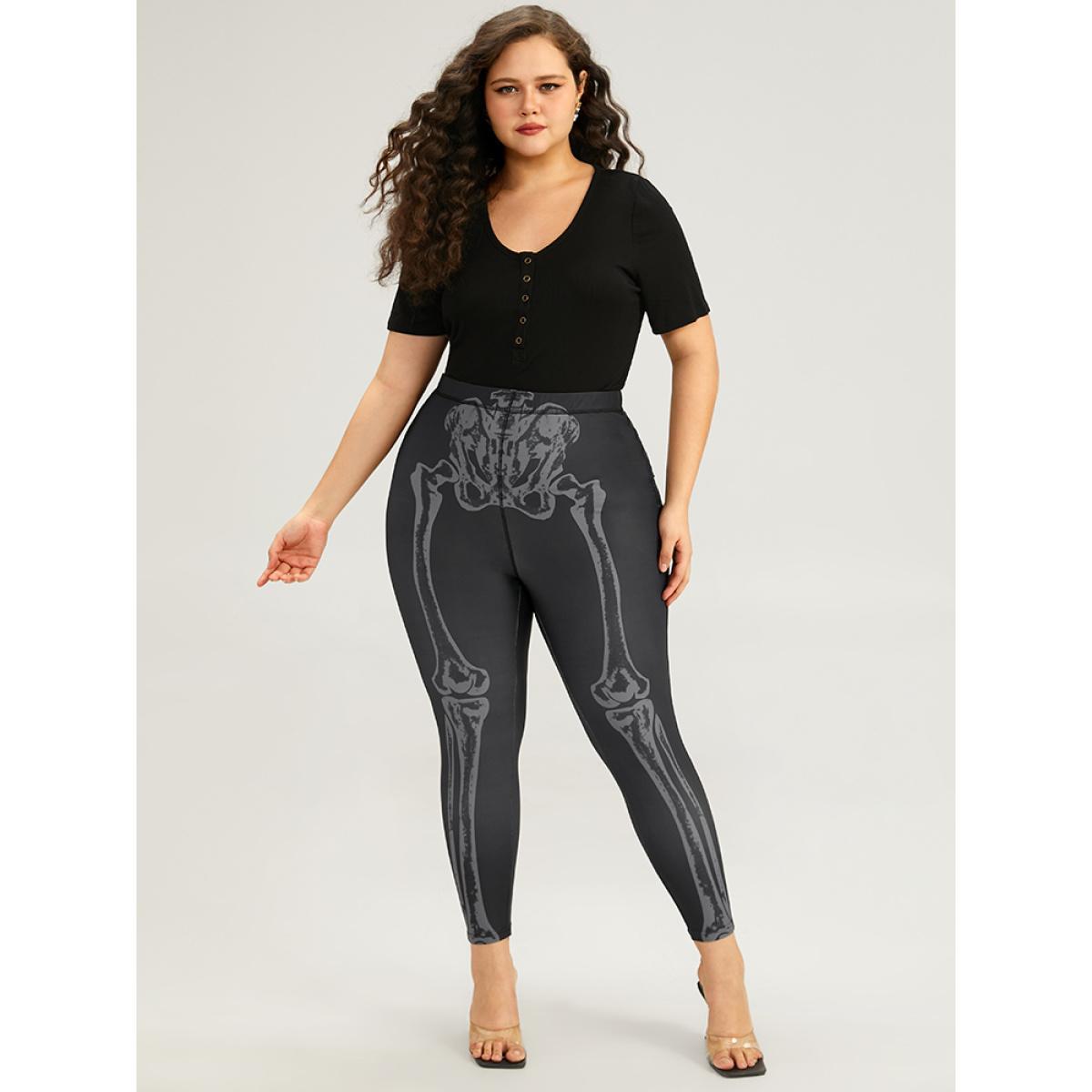 Plus Size Halloween Skull Print High Rise Skinny Leggings Women Black Elegant High stretch Skinny High Rise Festival-Halloween Leggings BloomChic 18-20/2X Product Image