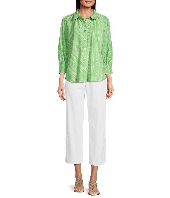 Tru Luxe Jeans Jacquard Tonal Floral Striped Point Collar 3/4 Puff Sleeve Button Front Shirt Product Image