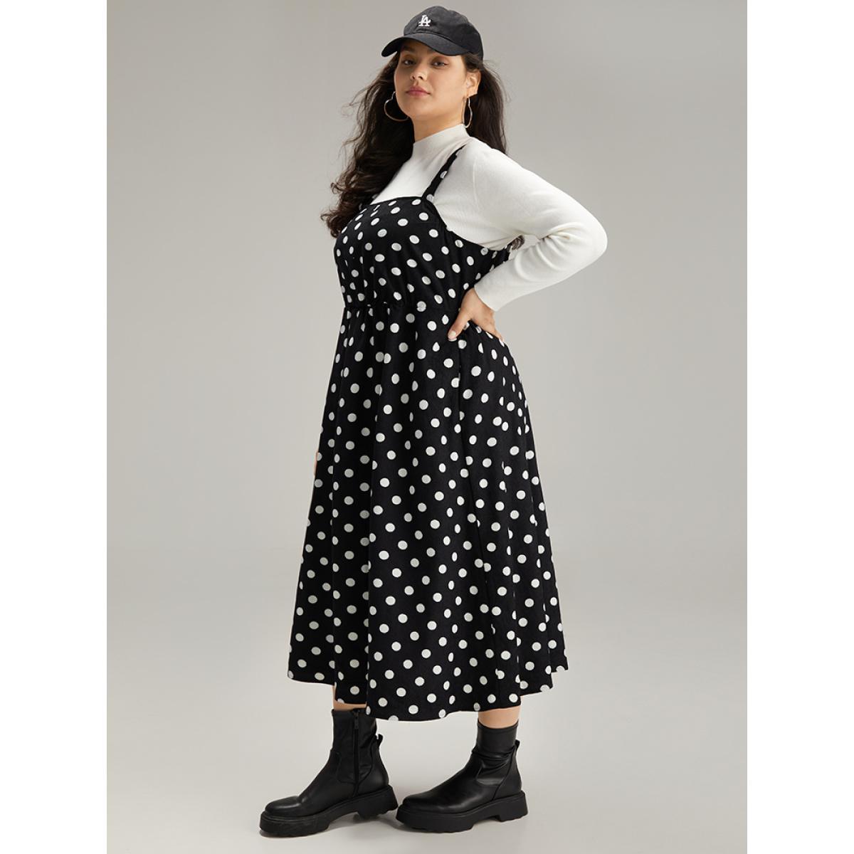 Plus Size Polka Dot Pocket Cami Dress Black Women Elegant Adjustable Straps Spaghetti Strap Sleeveless Curvy Midi Dress BloomChic 26/4X Product Image