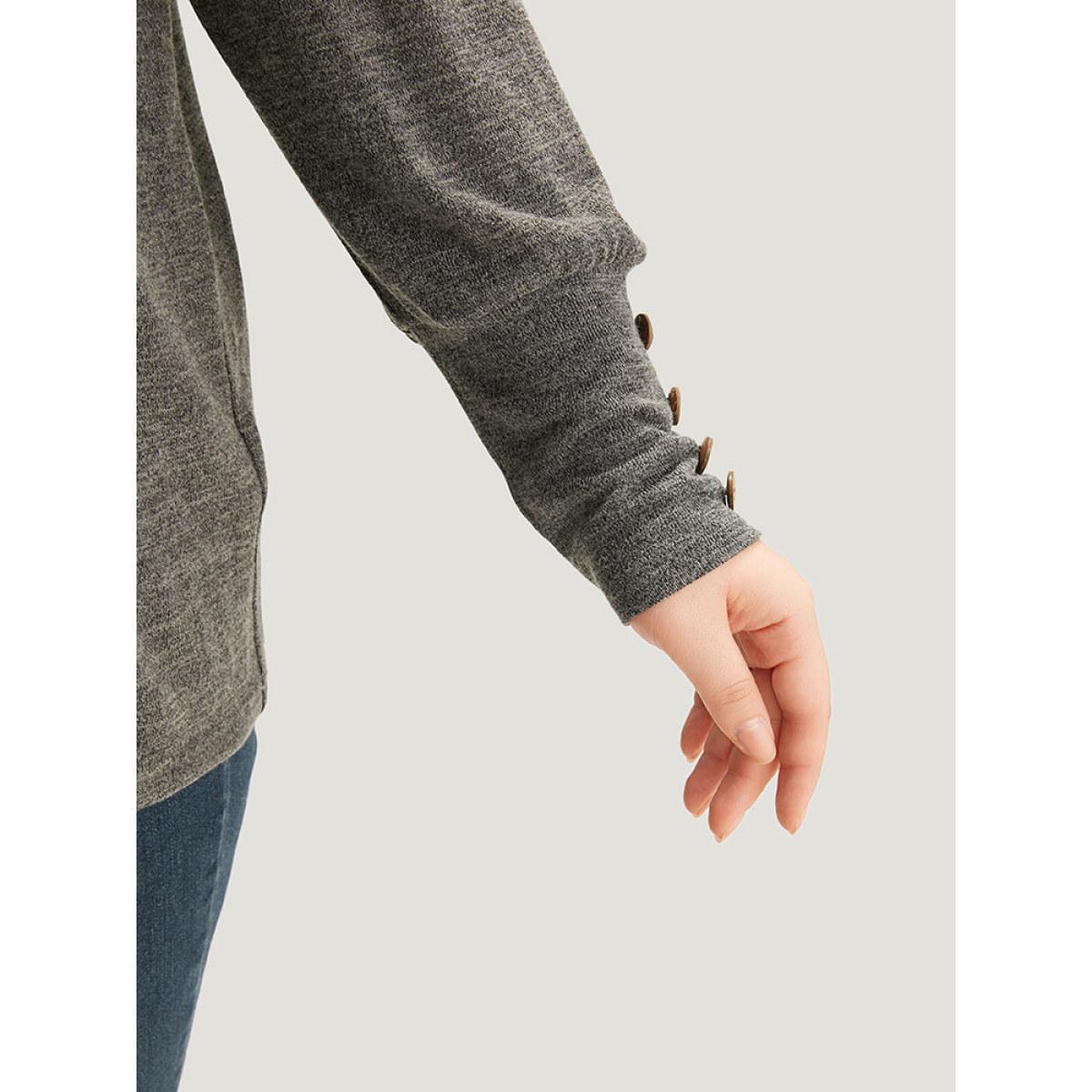 Plus Size Plain Heather Elastic Cuffs Button Detail T-shirt Gray Women Casual Elastic cuffs Plain V-neck Dailywear T-shirts BloomChic 10/M Product Image