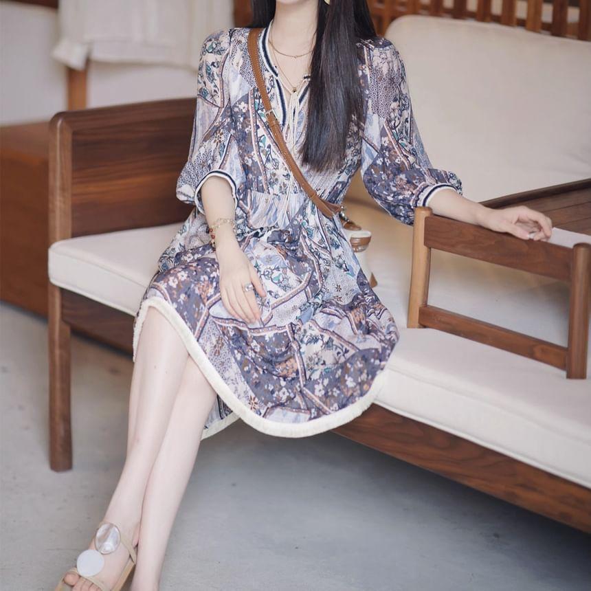 3/4-Sleeve V-Neck Flower Print Midi A-Line Dress Product Image