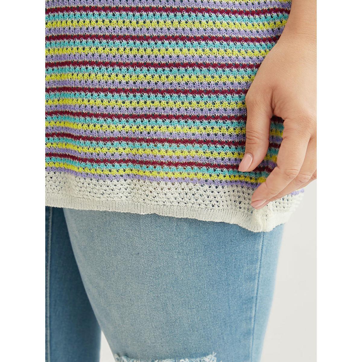 Plus Size Striped Contrast Round Neck Knit Top Multicolor Women Vacation Short sleeve Round Neck Dailywear Pullovers BloomChic 28/5X Product Image