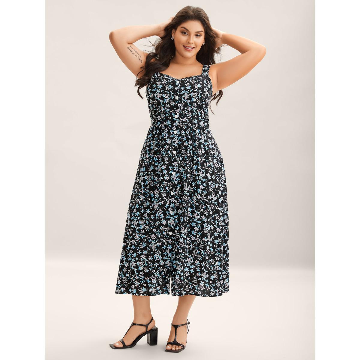 Plus Size Floral Print Button Detail Sleeveless Pockets Midi Dress BlackFlower Women Non Sleeveless Curvy BloomChic 22-24/3X Product Image