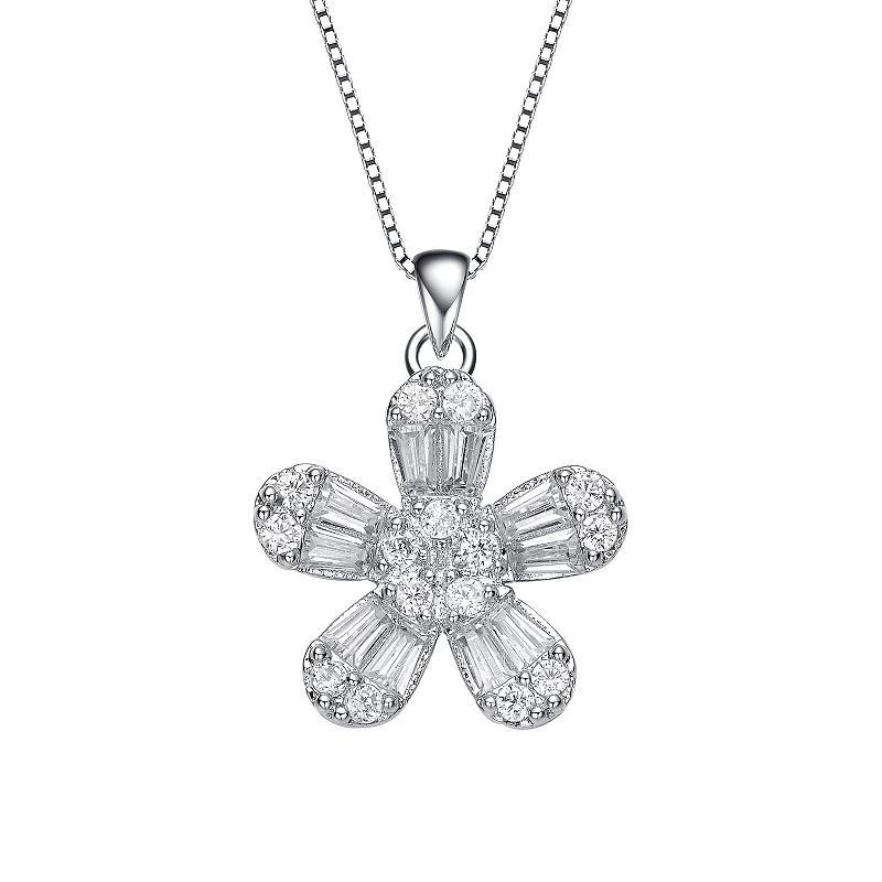 Sterling Silver Cubic Zirconia Flower Pendant Necklace, Womens Product Image