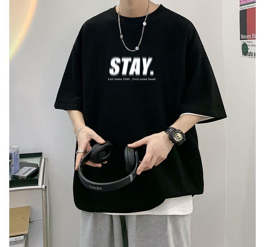 Short-Sleeve Round Neck Lettering T-Shirt Product Image