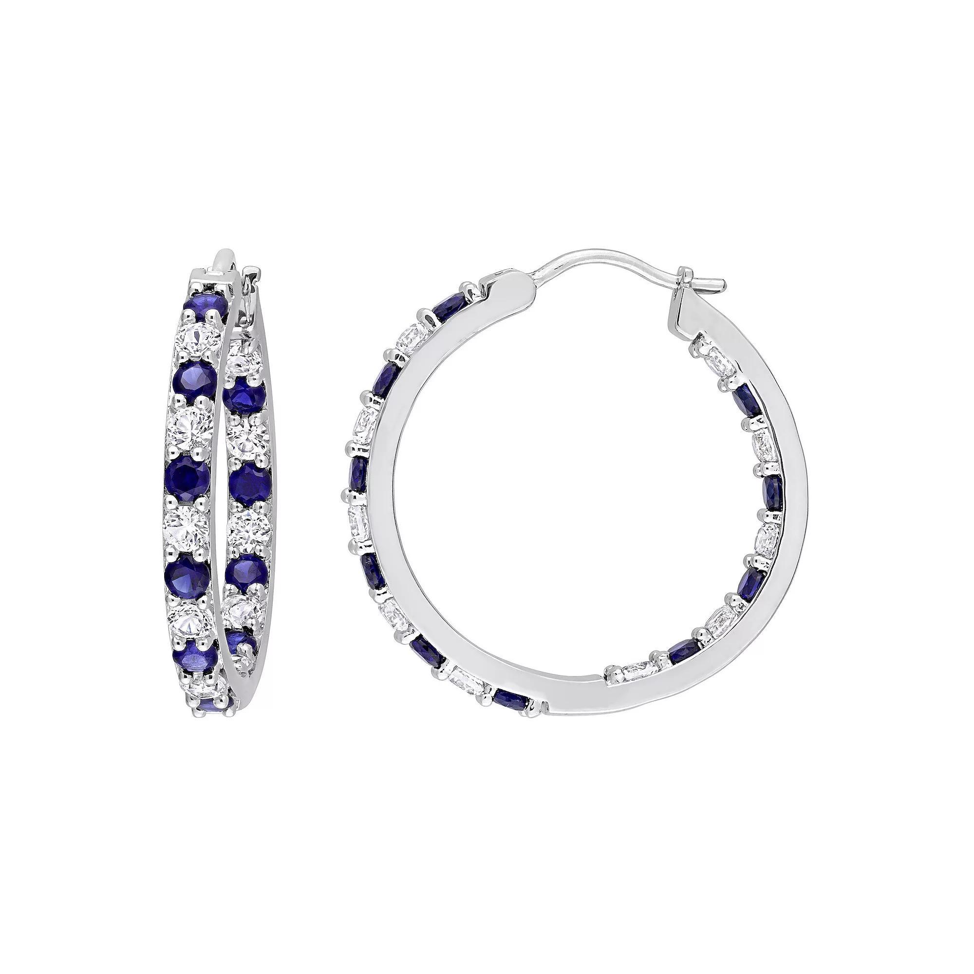 Stella Grace Sterling Silver Lab-Created Blue & White Sapphire Inside-Outside Hoop Earrings, Womens Product Image