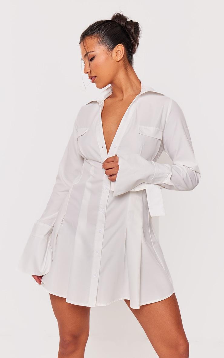  White Cotton Poplin Pleated Flared Sleeve Shirt Dress Product Image