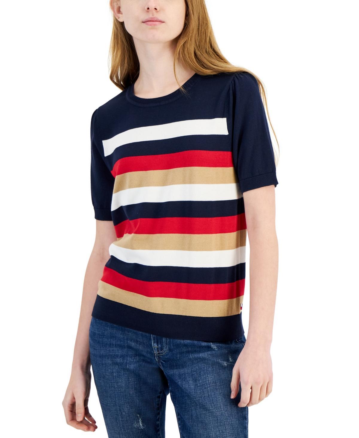 Tommy Hilfiger Short Sleeve Stripe Crew Neck Sweater (Sky Captain Multi) Women's Sweater Product Image