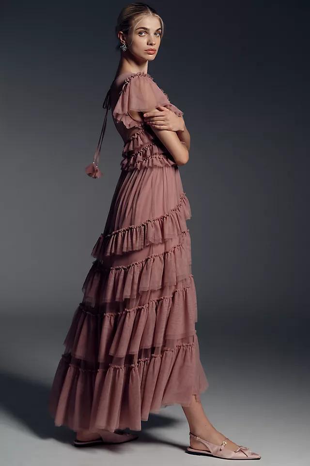 By Anthropologie Ruffle-Sleeve Tiered Tulle Midi Dress Product Image
