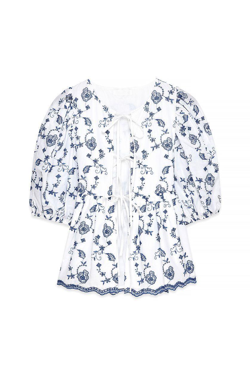Embroidered Contrast Tie Front Blouse Product Image