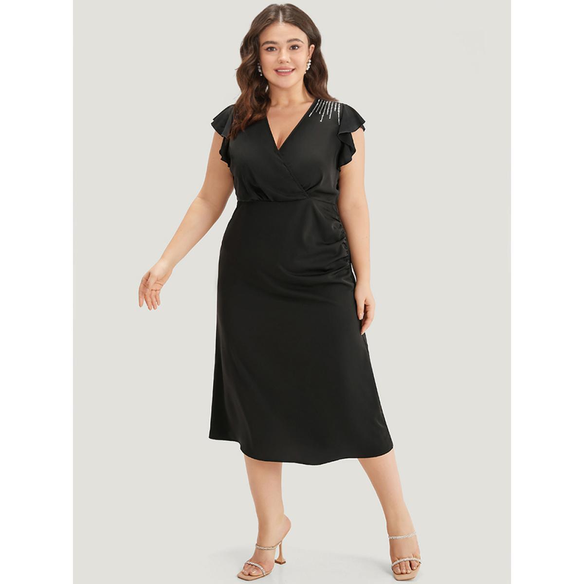 Plus Size Sequin Surplice Neck Ruffle Trim Zipper Dress Black Women Party Rhinestone detailing V-neck Sleeveless Curvy Midi Dress BloomChic 28/5X Product Image