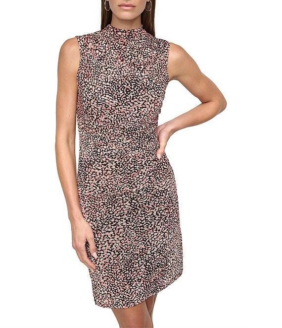 DKNY by Donna Karan Mock Neck Ruched Printed Mesh Sheath Dress Product Image