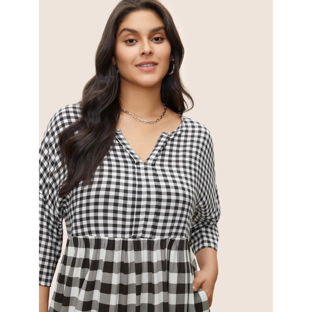Plus Size Notched Gingham Patchwork Pocket Dress Black Women Casual Non Notched collar Elbow-length sleeve Curvy Knee Dress BloomChic 28/5X Product Image