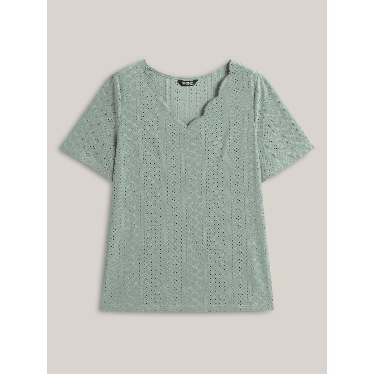Plus Size Eyelet Trim Scalloped Neck Stretchy T-Shirt Greenbean Women Texture V-neck Everyday-Casual T-shirts BloomChic 10/M Product Image