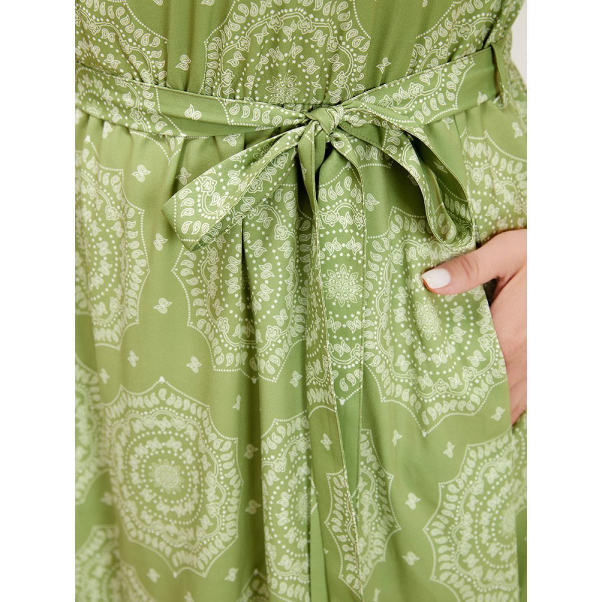 Plus Size Bandana Print Ruched Sleeve Frill Trim Pocket Belt Dress LightGreen Women Vacation Ruched Square Neck Short sleeve Curvy Midi Dress BloomChic 28/5X Product Image